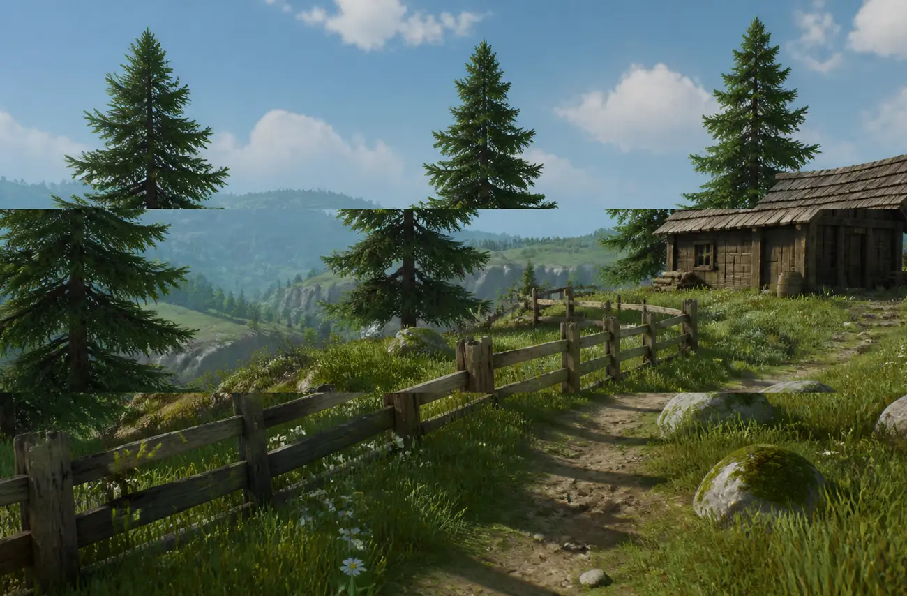 Scène 3D affichée avec deux lignes de déchirure horizontales : les troncs d'arbres et la barrière sont nettement décalés latéralement d'une bande à l'autre.